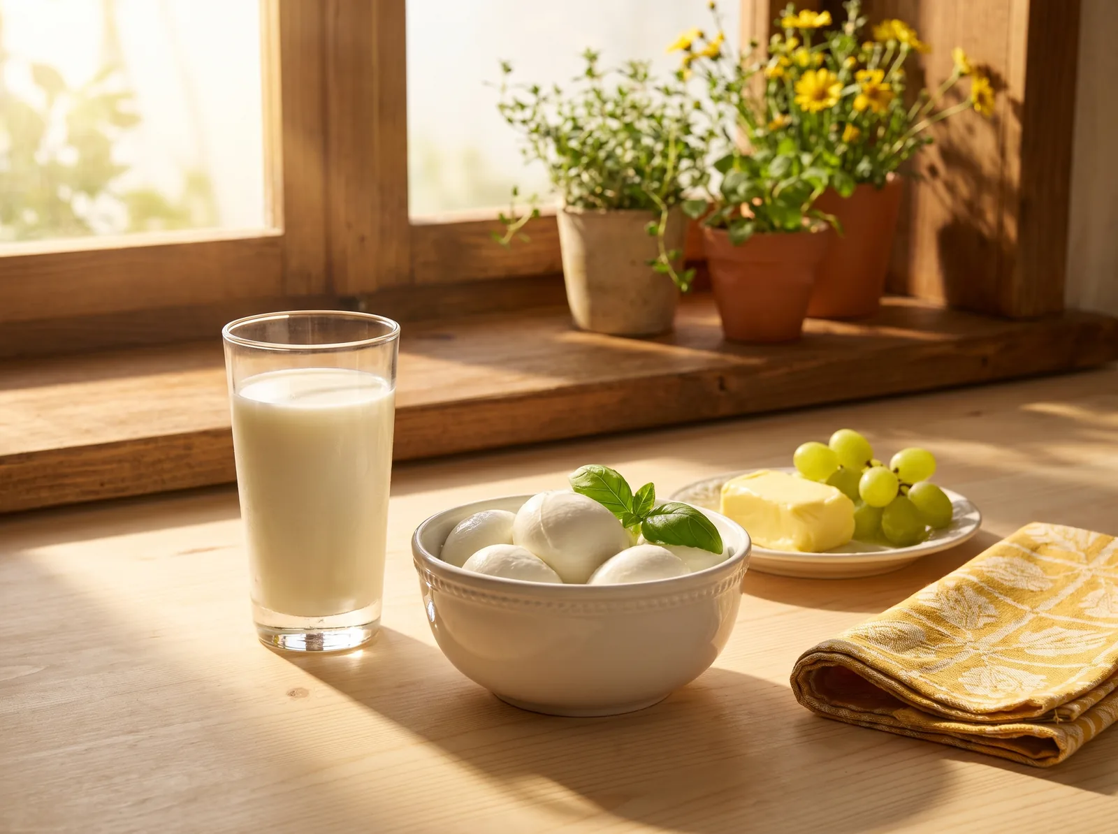 Bicchiere di latte fresco biologico accanto al fiordilatte